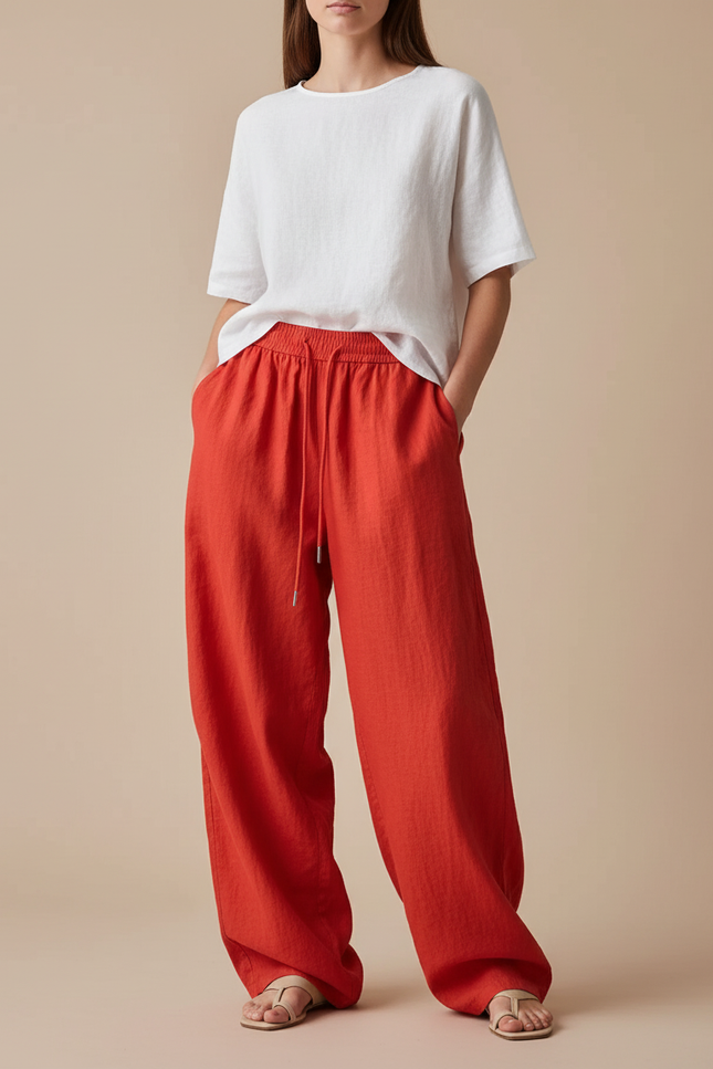 Pantalon Baggy Rouge Lin Fluide Ample Cordon
