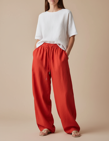 Pantalon Baggy Rouge Lin Fluide Ample Cordon