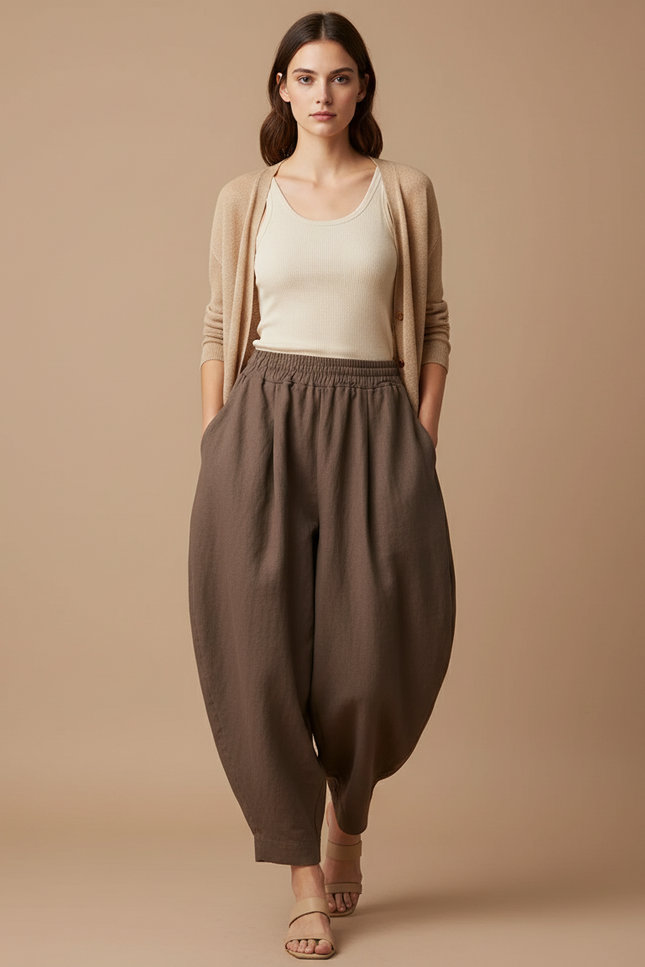 Pantalon Baggy Marron Coton Ample Fluide Femme - Lin