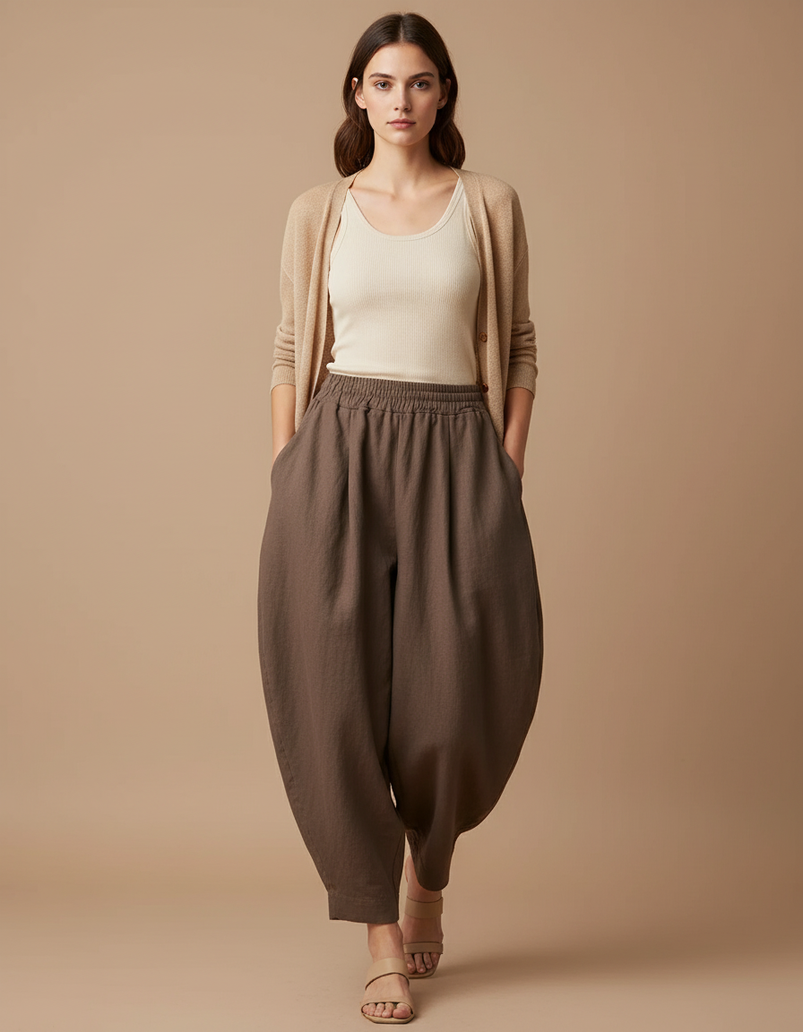 Pantalon Baggy Marron Coton Ample Fluide Femme - Lin