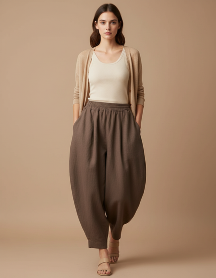 Pantalon Baggy Marron Coton Ample Fluide Femme - Lin