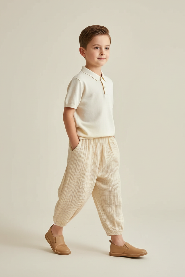 Pantalon Baggy Coton Crème Ample Confortable Enfant - Beige