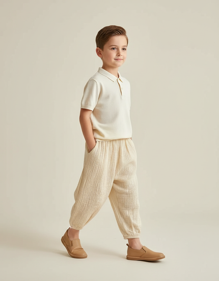 Pantalon Baggy Coton Crème Ample Confortable Enfant - Beige