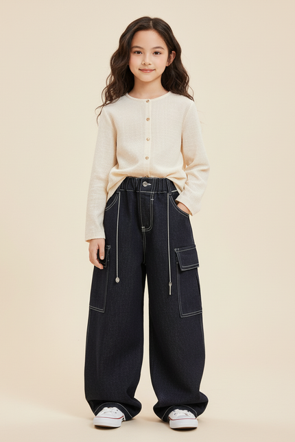 Pantalon Baggy Jean Denim Noir Ample Enfant - Marine