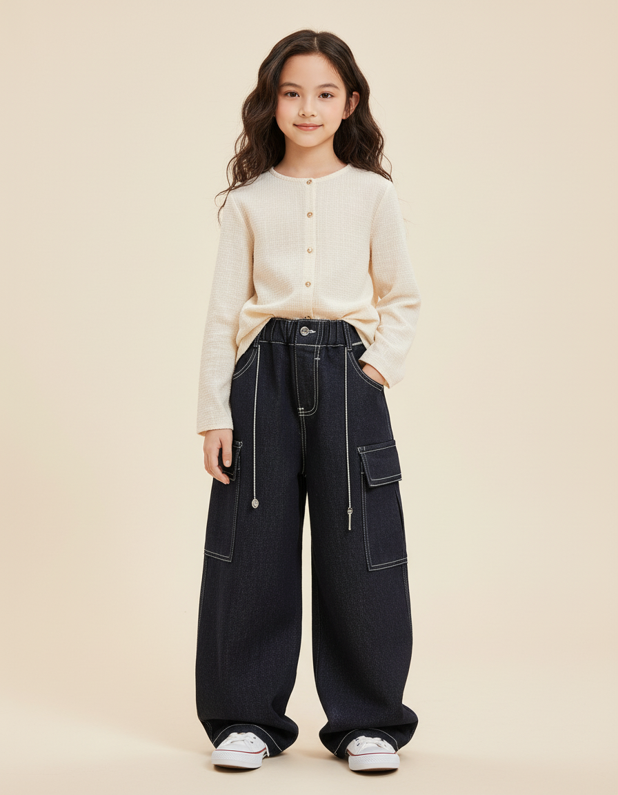 Pantalon Baggy Jean Denim Noir Ample Enfant - Marine