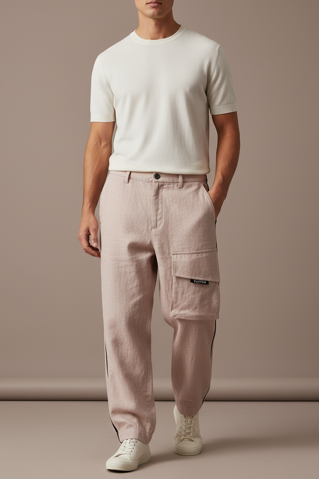 Pantalon Baggy Rose Poudre Cargo Lin Décontracté