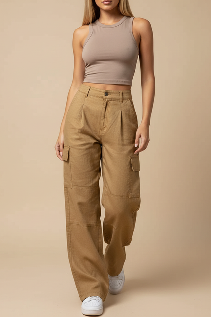 Pantalon Baggy Cargo Marron Ample Taille Haute Décontracté - Camel Toile