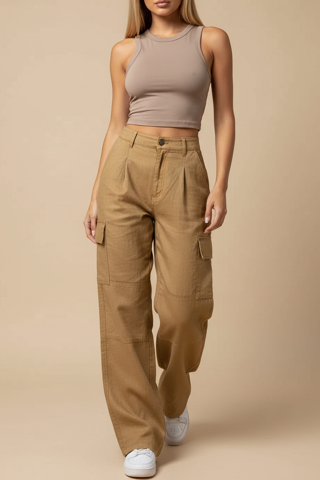Pantalon Baggy Cargo Marron Ample Taille Haute Décontracté - Camel Toile