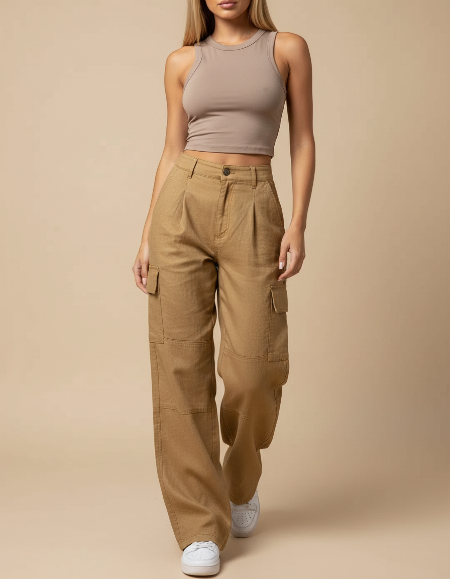 Pantalon Baggy Cargo Marron Ample Taille Haute Décontracté - Camel Toile
