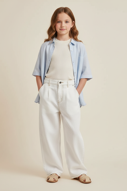 Pantalon Baggy Blanc Casse Ample Coton Lâche Fille - Jean