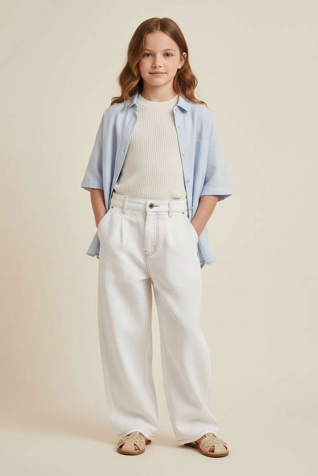 Pantalon Baggy Blanc Casse Ample Coton Lâche Fille - Jean