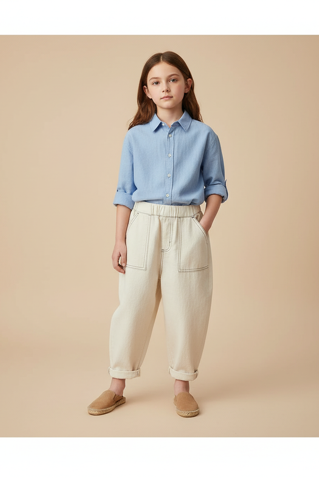 Pantalon Baggy Écru Coton Ample Décontracté Enfant - Beige