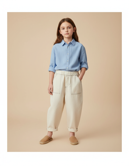 Pantalon Baggy Écru Coton Ample Décontracté Enfant - Beige