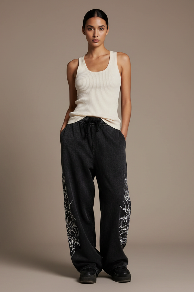 Pantalon Baggy Noir Délavé Gothique Imprimé Large - Jean