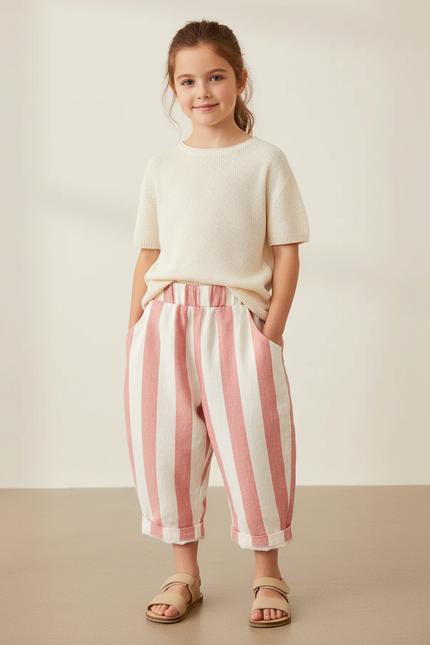 Pantalon Baggy Rayé Rose Coton Ample Décontracté