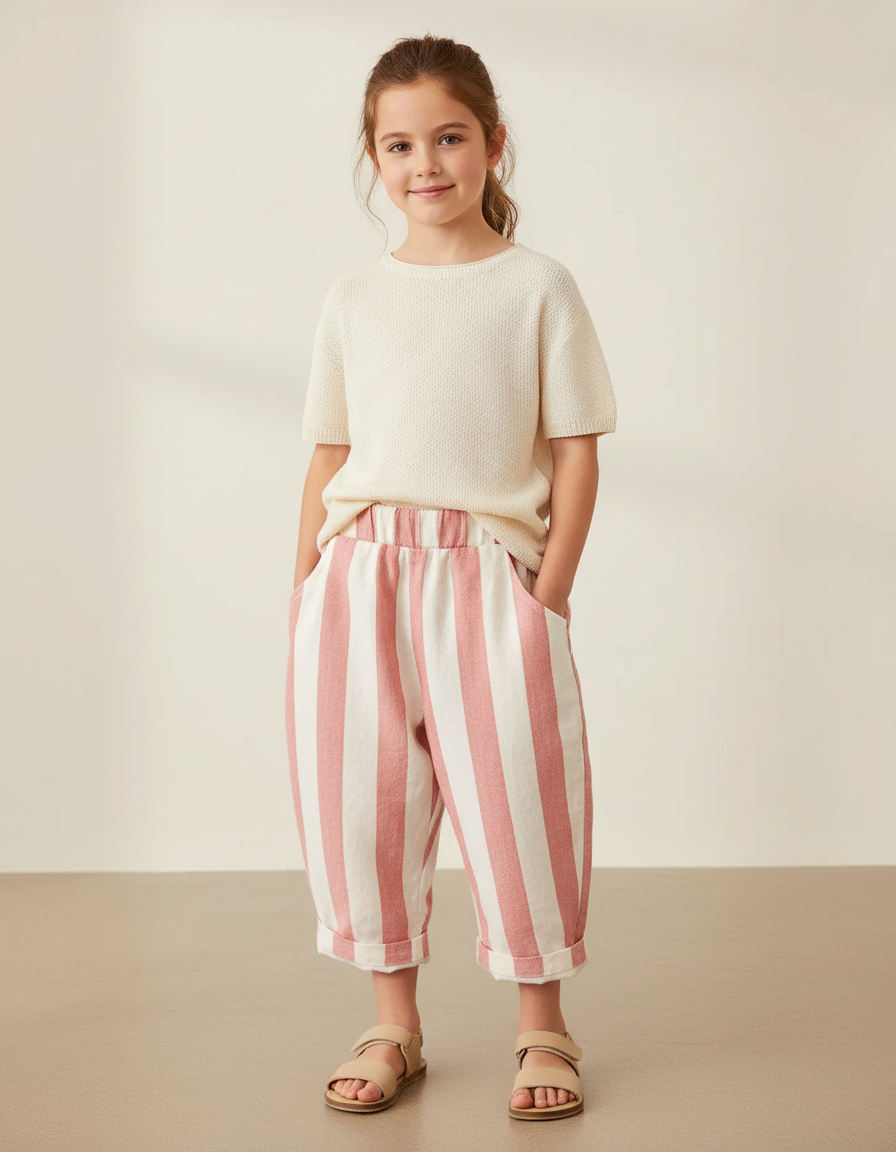 Pantalon Baggy Rayé Rose Coton Ample Décontracté