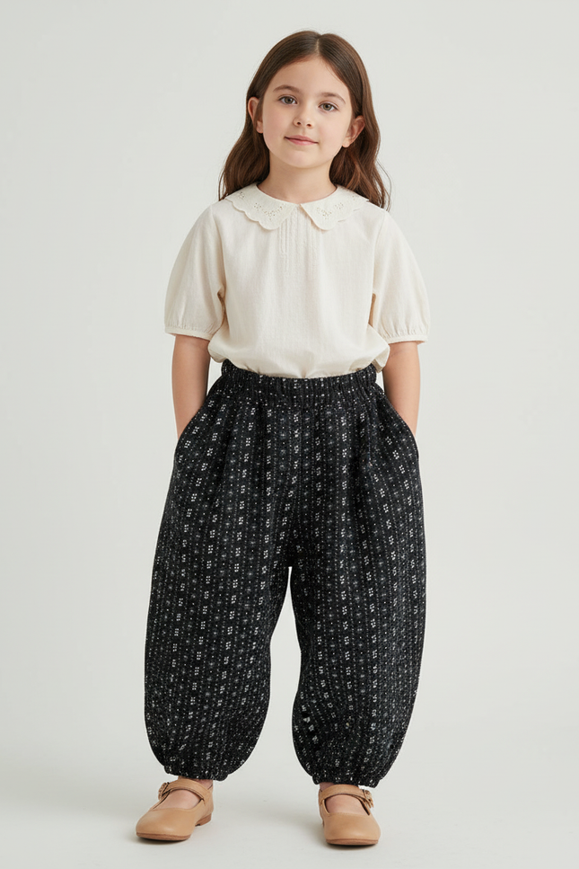 Pantalon Baggy Noir Ample Imprimé Floral Hivernal Fille - Laine