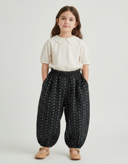 Pantalon Baggy Noir Ample Imprimé Floral Hivernal Fille - Laine