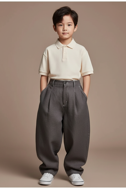 Pantalon Baggy Gris Foncé Plissé Ample Décontracté Garçon - Gabardine