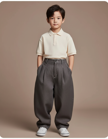 Pantalon Baggy Gris Foncé Plissé Ample Décontracté Garçon - Gabardine