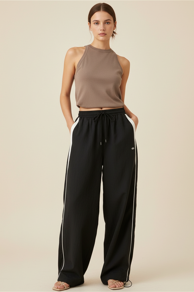Pantalon Baggy Noir Rayure Blanche Fluide Femme - Polyester