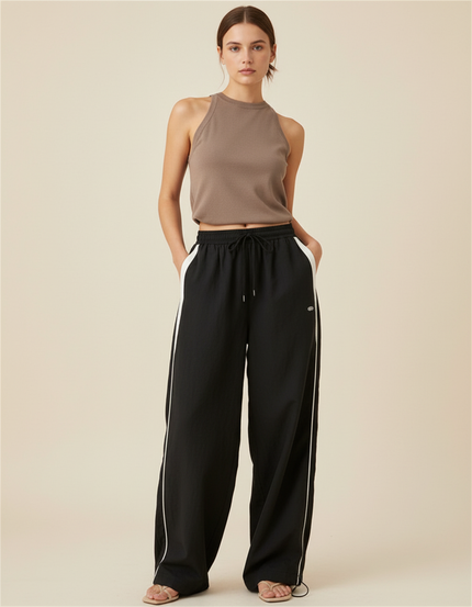 Pantalon Baggy Noir Rayure Blanche Fluide Femme - Polyester