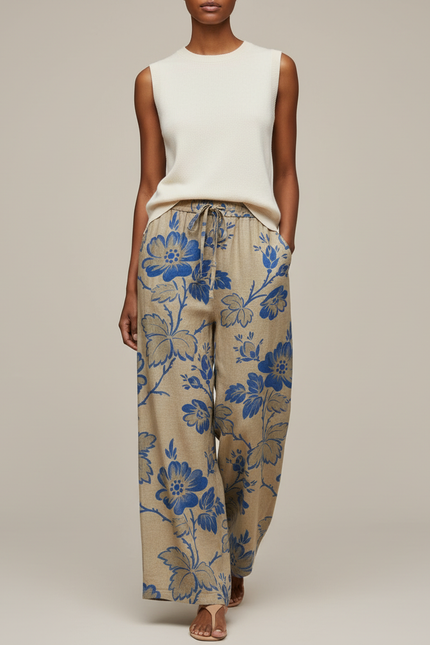 Pantalon Baggy Beige Fleuri Ample Lin Décontracté