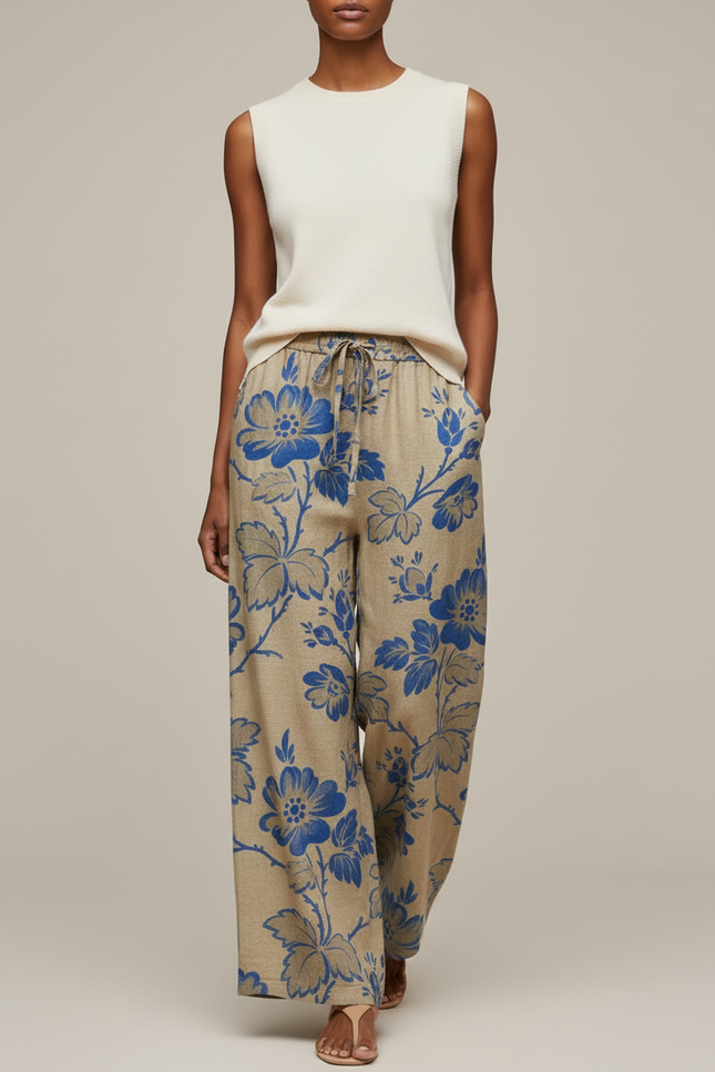 Pantalon Baggy Beige Fleuri Ample Lin Décontracté