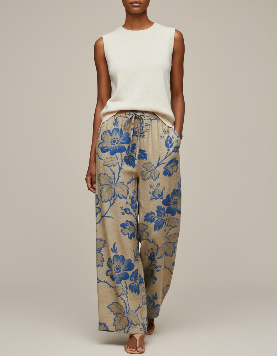 Pantalon Baggy Beige Fleuri Ample Lin Décontracté