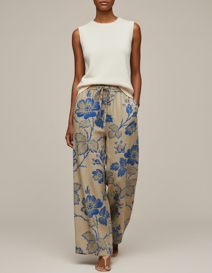 Pantalon Baggy Beige Fleuri Ample Lin Décontracté