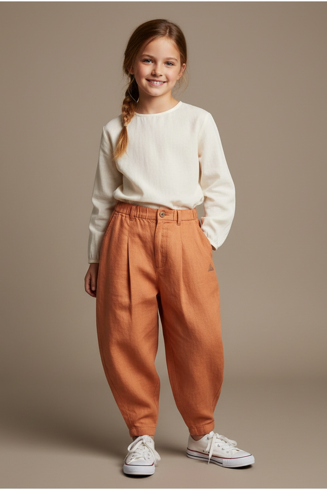 Pantalon Baggy Orange Lin Plissé Ample Enfant