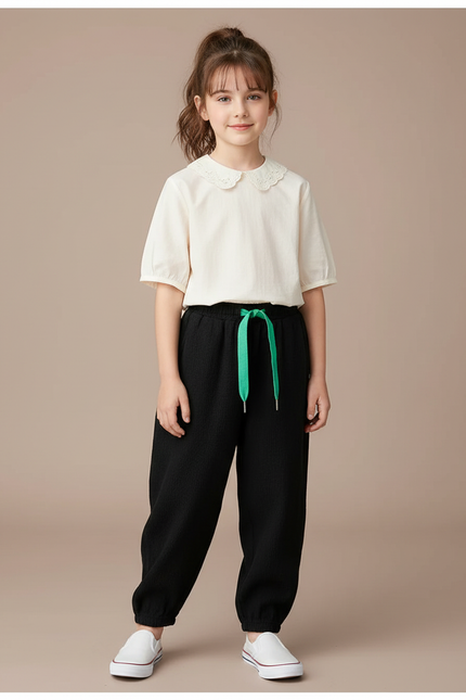 Pantalon Baggy Noir Ample Décontracté Cordon Vert - Coton
