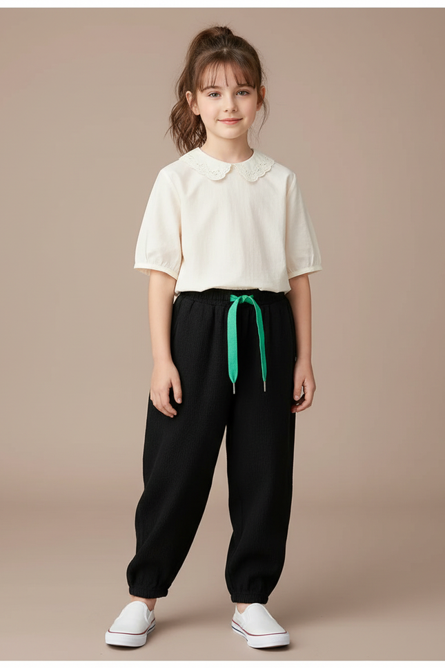 Pantalon Baggy Noir Ample Décontracté Cordon Vert - Coton