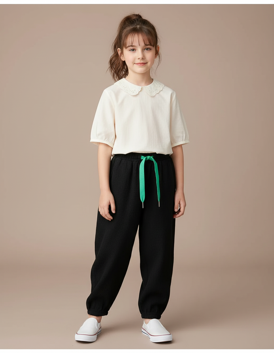 Pantalon Baggy Noir Ample Décontracté Cordon Vert - Coton