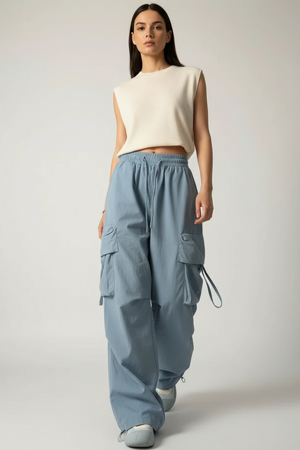 Pantalon Baggy Bleu Ciel Cargo Ample Décontracté Femme - Toile