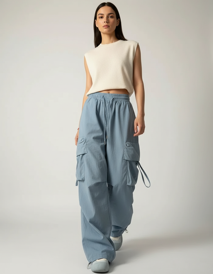 Pantalon Baggy Bleu Ciel Cargo Ample Décontracté Femme - Toile