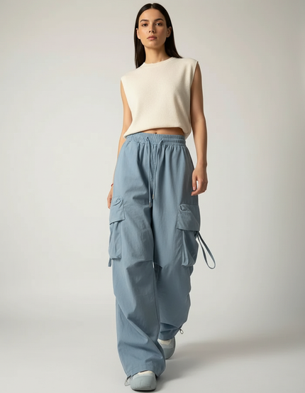 Pantalon Baggy Bleu Ciel Cargo Ample Décontracté Femme - Toile