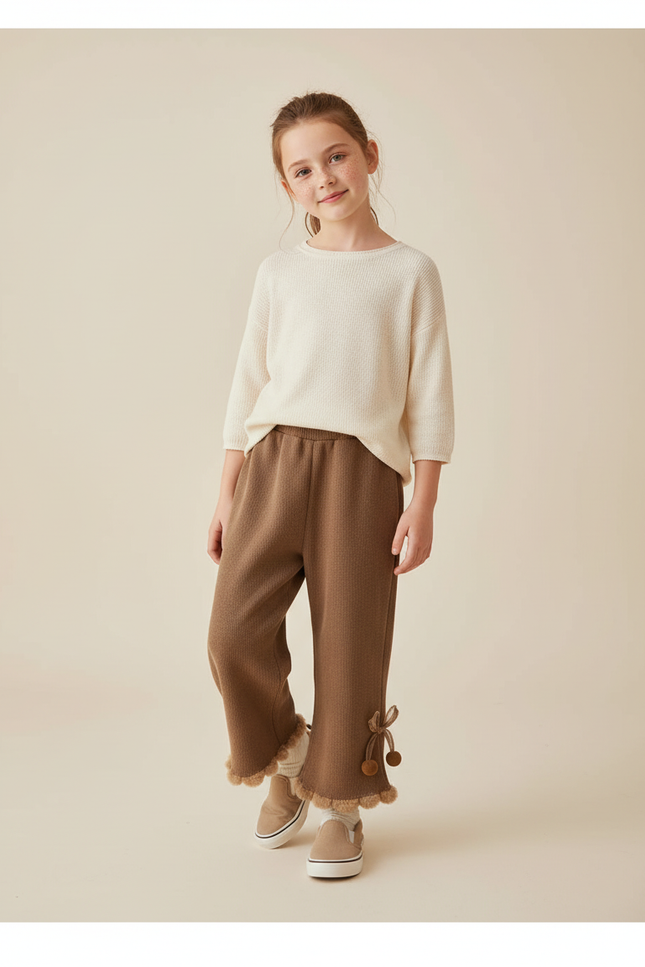 Pantalon Baggy Marron Ample Pompons Doux Fille - Maille