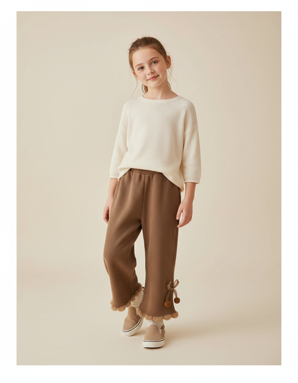 Pantalon Baggy Marron Ample Pompons Doux Fille - Maille