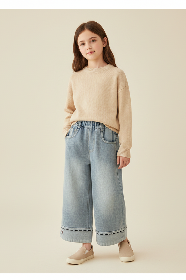 Pantalon Baggy Jean Bleu Délavé Ample Fille Brodé