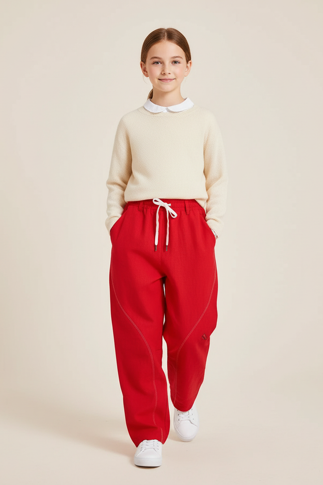 Pantalon Baggy Rouge Ample Cordon Blanc Fille - Molleton