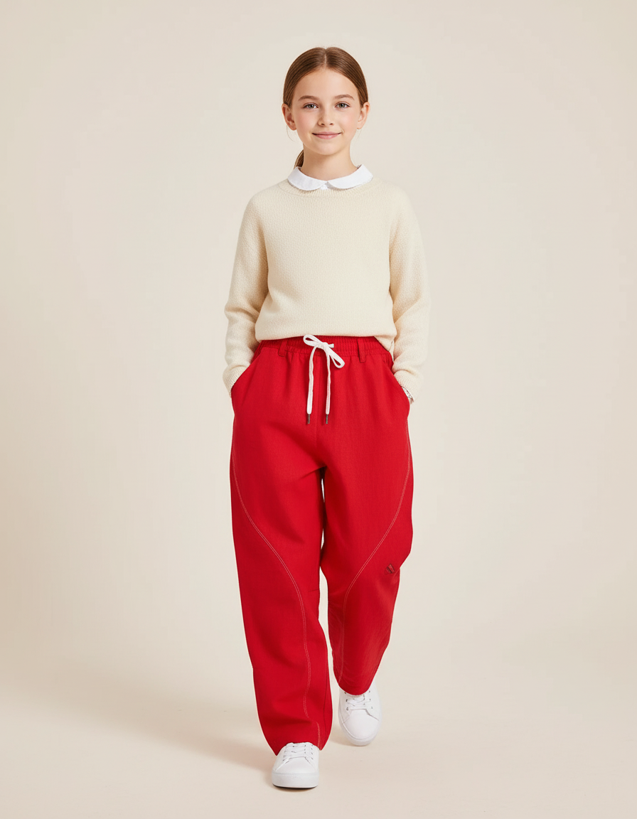 Pantalon Baggy Rouge Ample Cordon Blanc Fille - Molleton