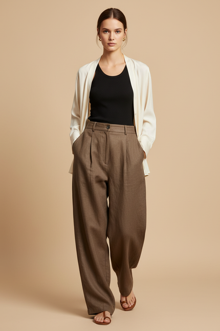 Pantalon Baggy Marron Ample Plissé Décontracté Fluide - Lin