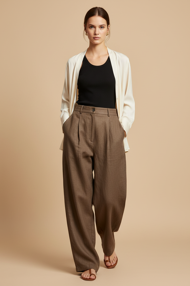 Pantalon Baggy Marron Ample Plissé Décontracté Fluide - Lin