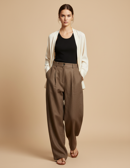 Pantalon Baggy Marron Ample Plissé Décontracté Fluide - Lin