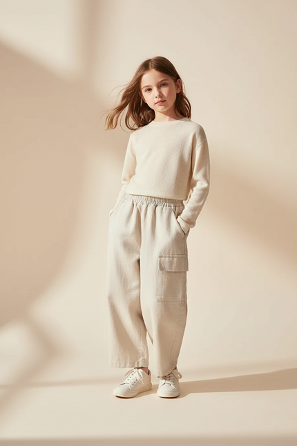 Pantalon Baggy Beige Cargo Ample Décontracté Enfant Coton - Molleton