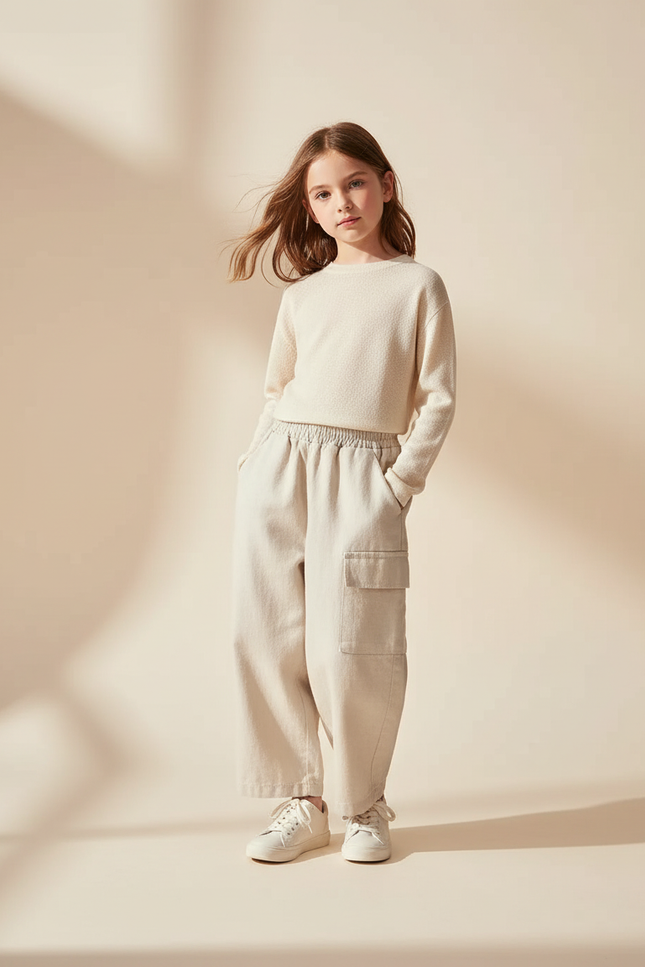 Pantalon Baggy Beige Cargo Ample Décontracté Enfant Coton - Molleton