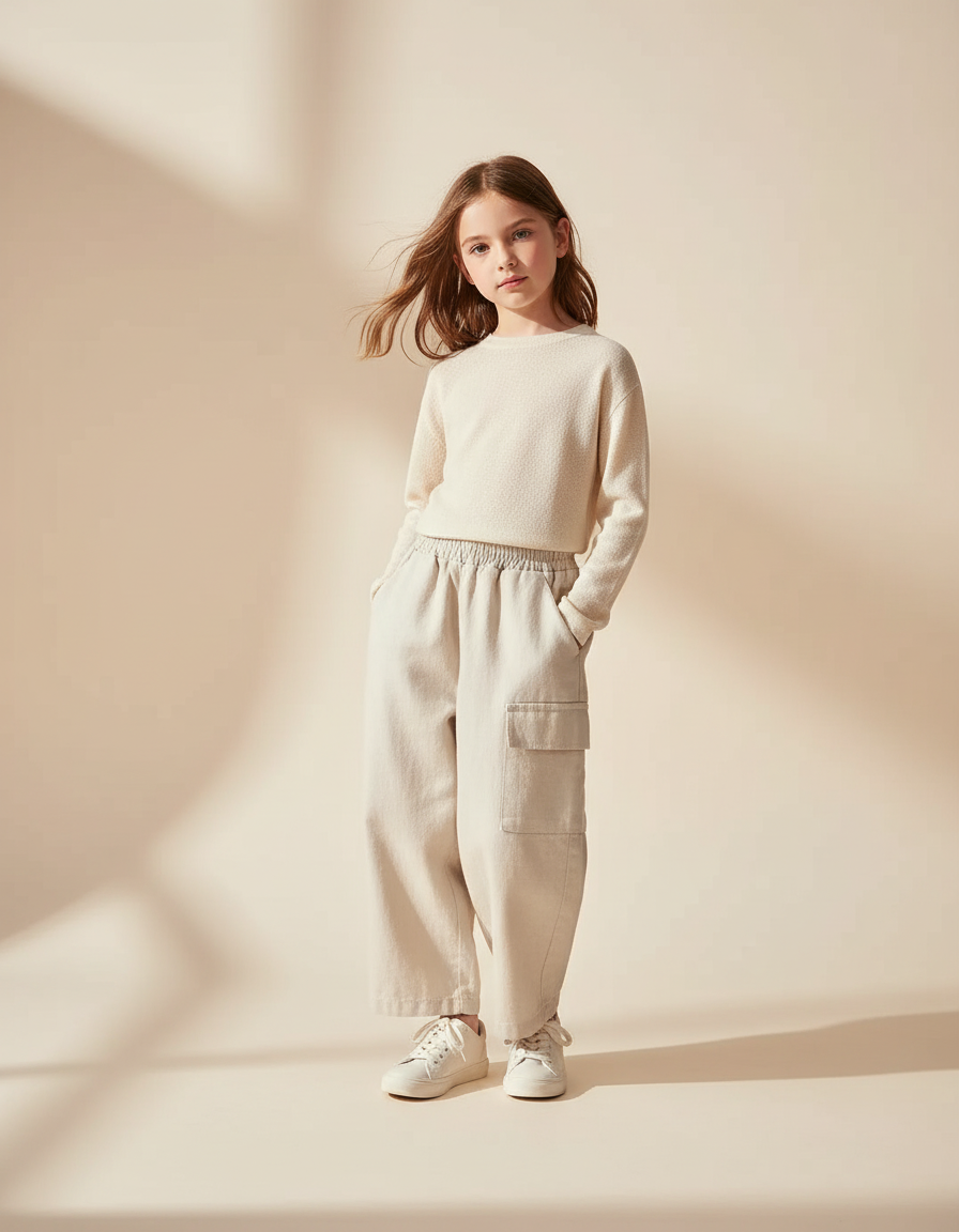 Pantalon Baggy Beige Cargo Ample Décontracté Enfant Coton - Molleton