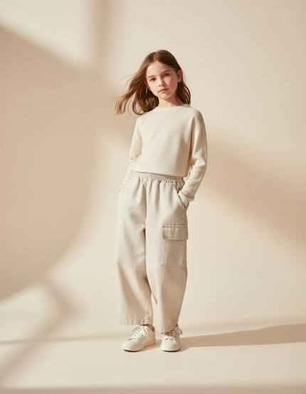 Pantalon Baggy Beige Cargo Ample Décontracté Enfant Coton - Molleton