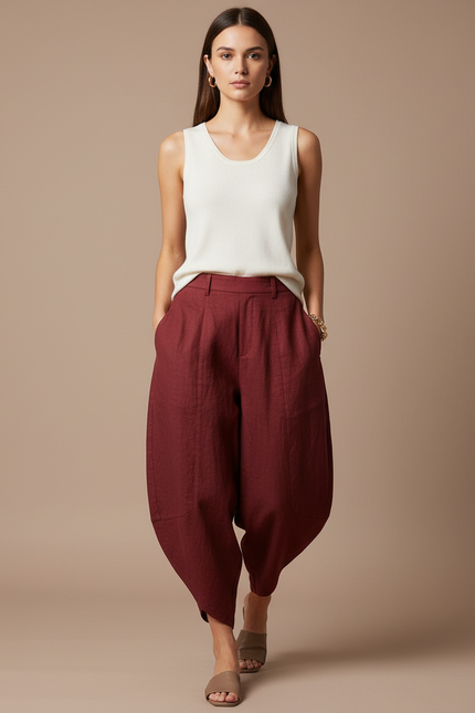 Pantalon Baggy Bordeaux Lin Ample Harem Femme